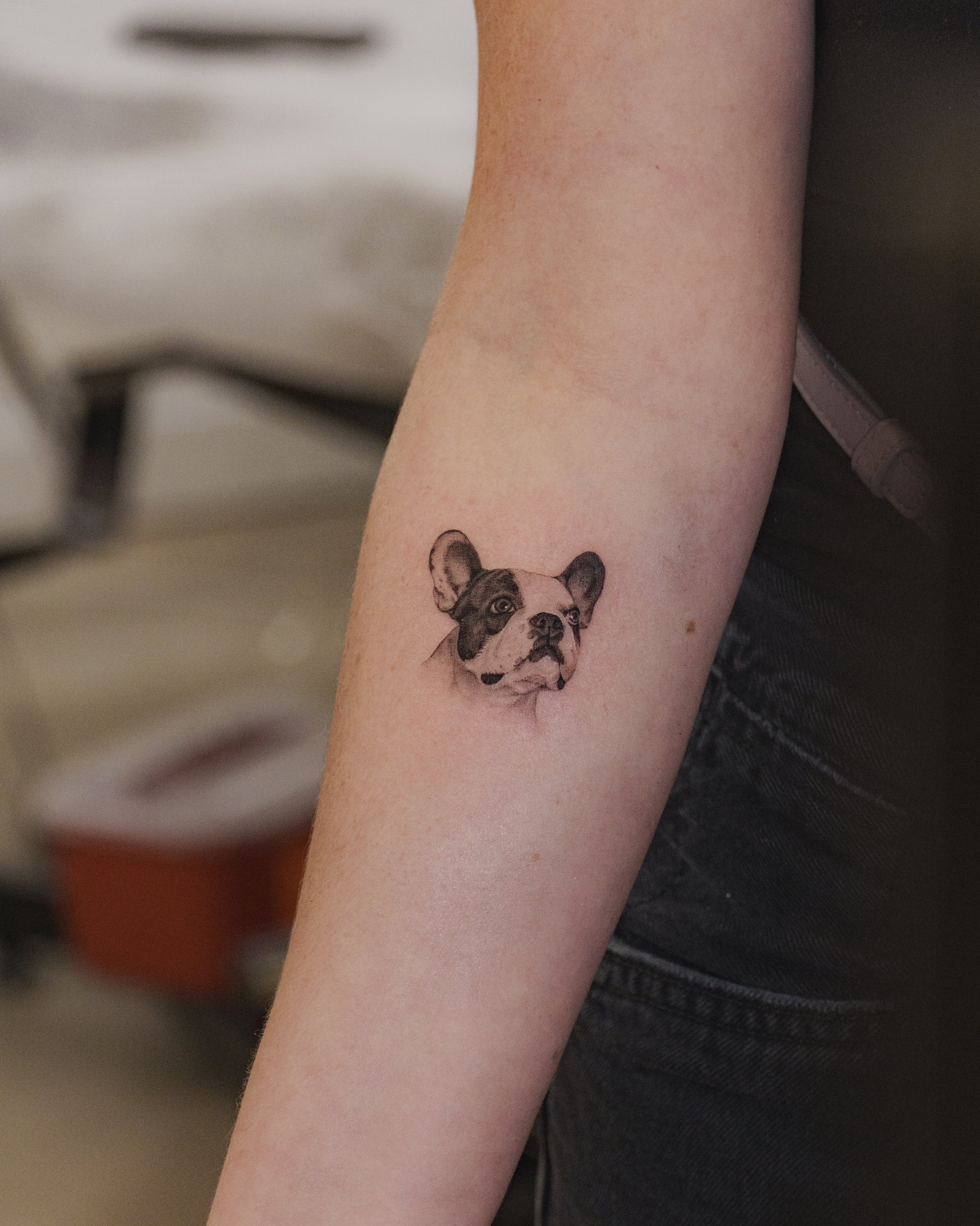 Small dog portrait tattoo, hyper-detailed micro realism